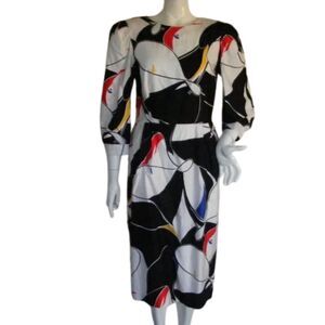 Vintage Dress, S, Abstract print, Shoulder pads, 3/4 sleeve, Low back, Buttons